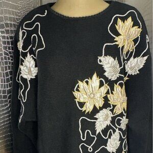 Bonnie Boerer Vintage 1980s PRET Black Sweater With Gold Silver Flowers Medium